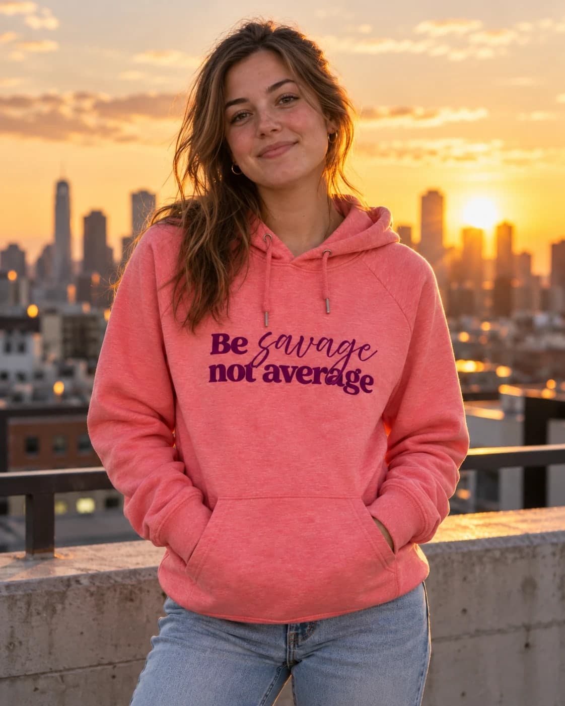 Усмихната жена с червения суитшърт Be savage, not average на покрив по залез, с ръце в джоба