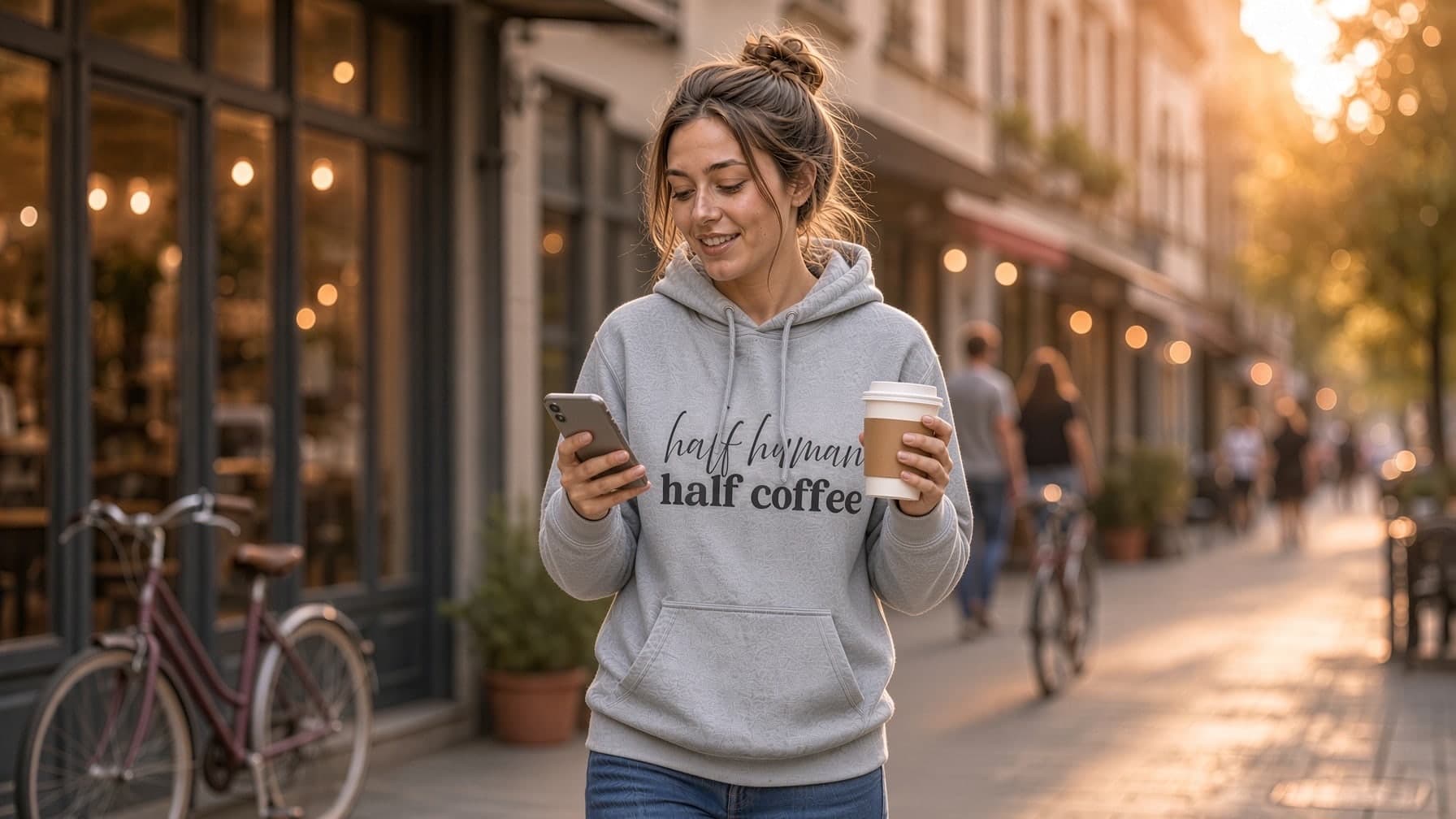 Woman on a sunny café street checking her phone, coffee in hand, wearing the Half Human, Half Coffee hoodie